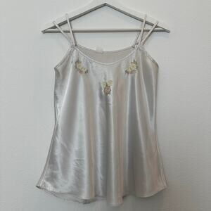 Vintage white satin embroidered flower double strap tank top small